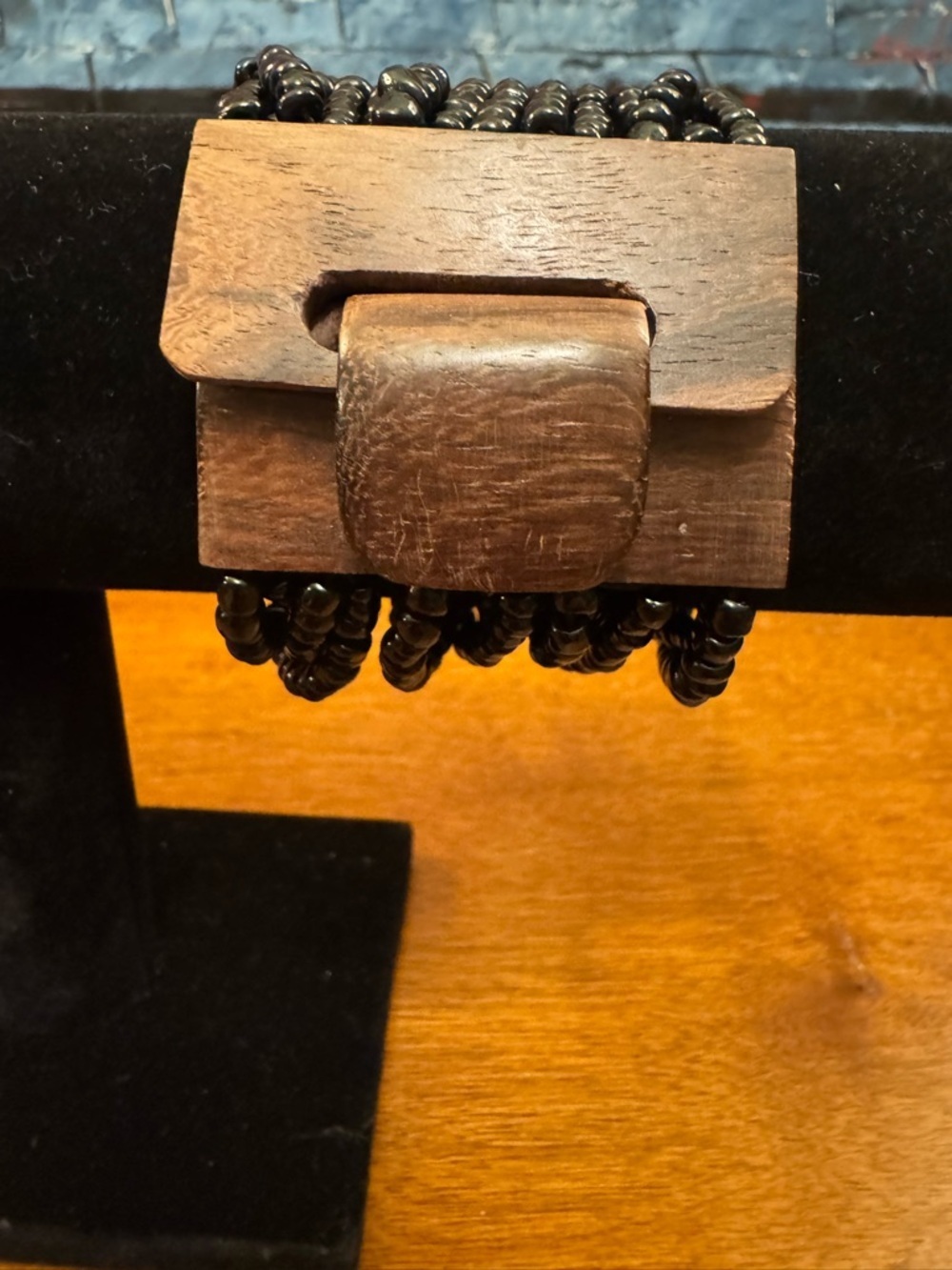 Bali Wood and Black Beaded Stretch Bracelet